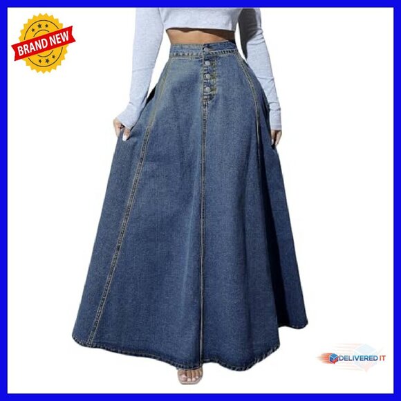 Retro High Waist Button Fly Flared Denim Maxi Skirt Pleated Swing - Picture 2 of 8